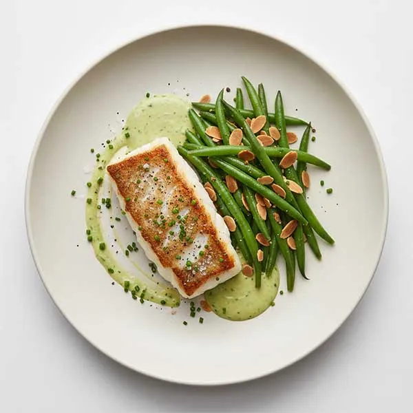 Seared Fish Fillet & Almondine Beans With Whipped Chive Butter Sauce